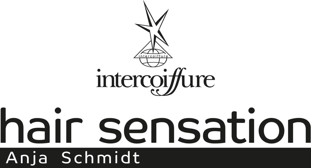 Logo von hair sensation Anja Schmidt mit dem Intercoiffure-Symbol und Schriftzug in Schwarz auf weißem Grund.