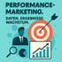 Performance-Marketing. Daten. Ergebnisse. Wachstum. Zielscheibe mit Pfeil, Geschäftsmann, Diagramme, Lupe.