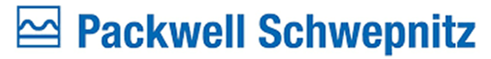 Blaues Logo mit einem Wellensymbol in einem Rechteck und dem Text "Packwell Schwepnitz" in blauer Schrift.