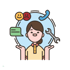 Eine Frau mit braunen Haaren und gelbem Hemd hält die Hände offen, umgeben von Feedback-Emojis, Telefon und Schraubenschlüssel.