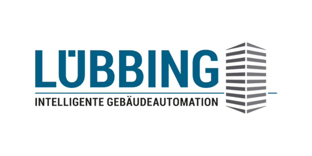 LÜBBING INTELIGENTE GEBÄUDEAUTOMATION Logo mit stilisiertem Gebäude.