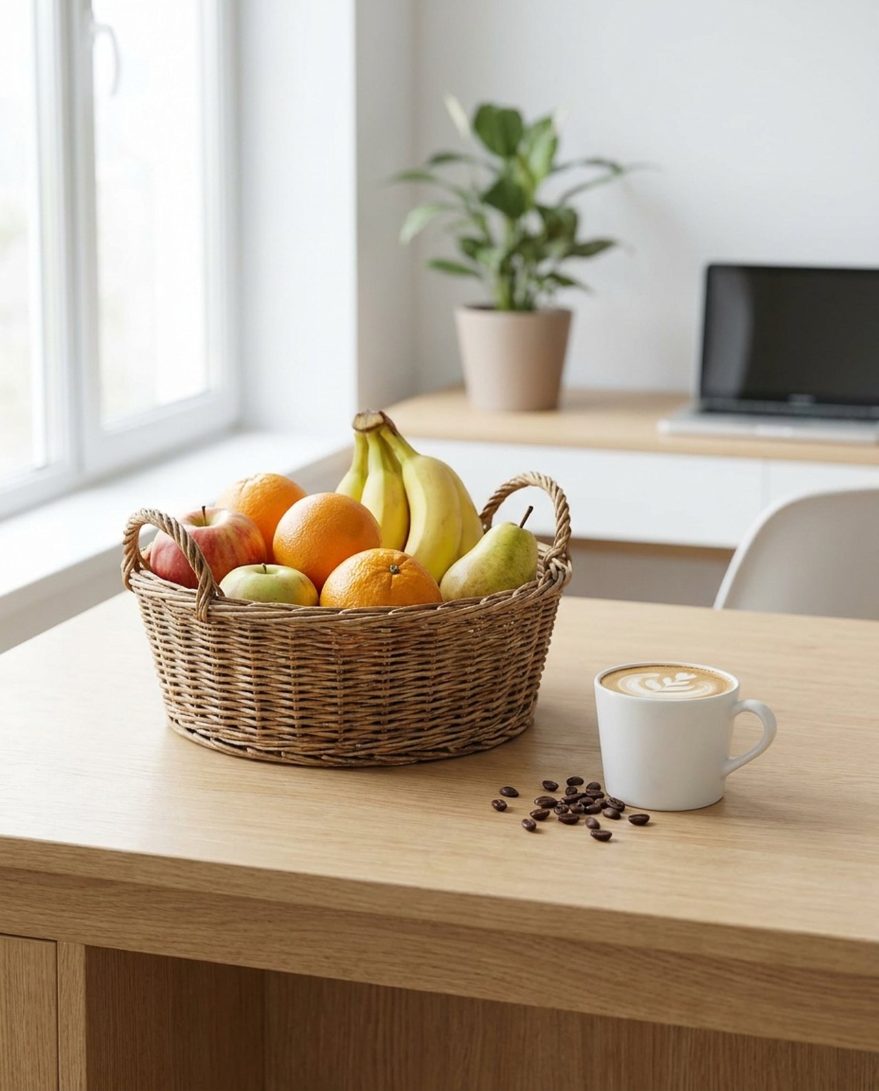 Obstkiste und Kaffee auf einem modernen Bürotisch