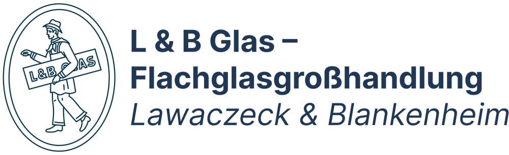 L & B Glas – Flachglasgroßhandlung Lawaczeck & Blankenheim. Logo mit Handwerker, der ein Glas trägt.