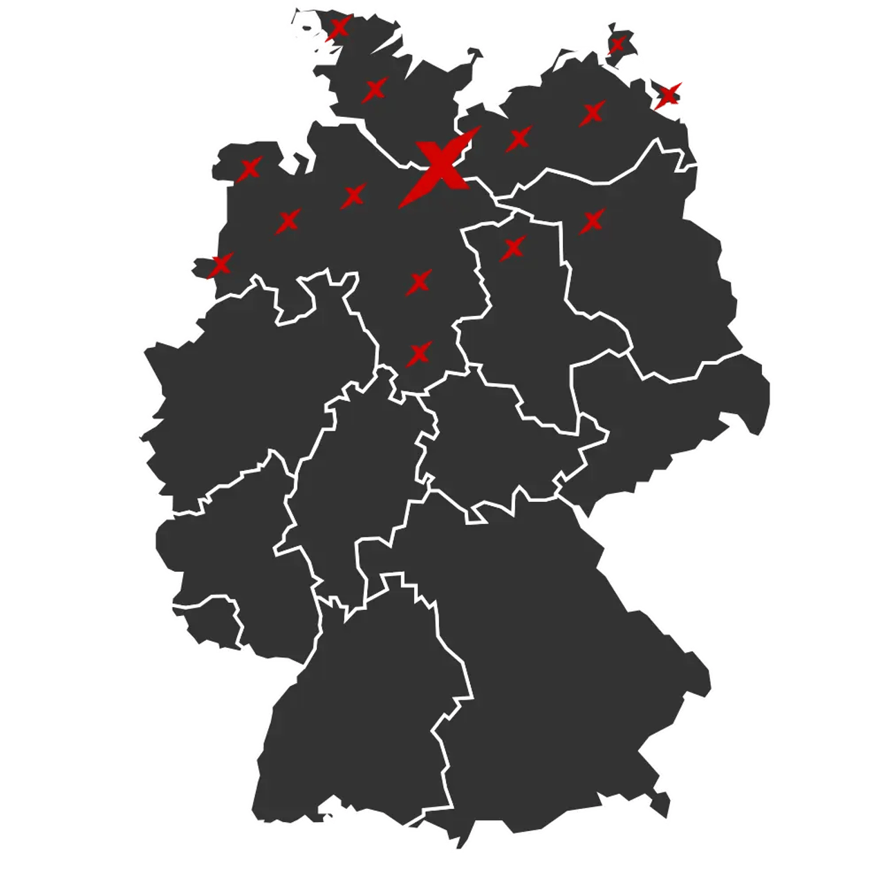 Karte von Deutschland mit roten X-Markierungen in den nördlichen Bundesländern, das InfraX-Netzwerk in Norddeutschland