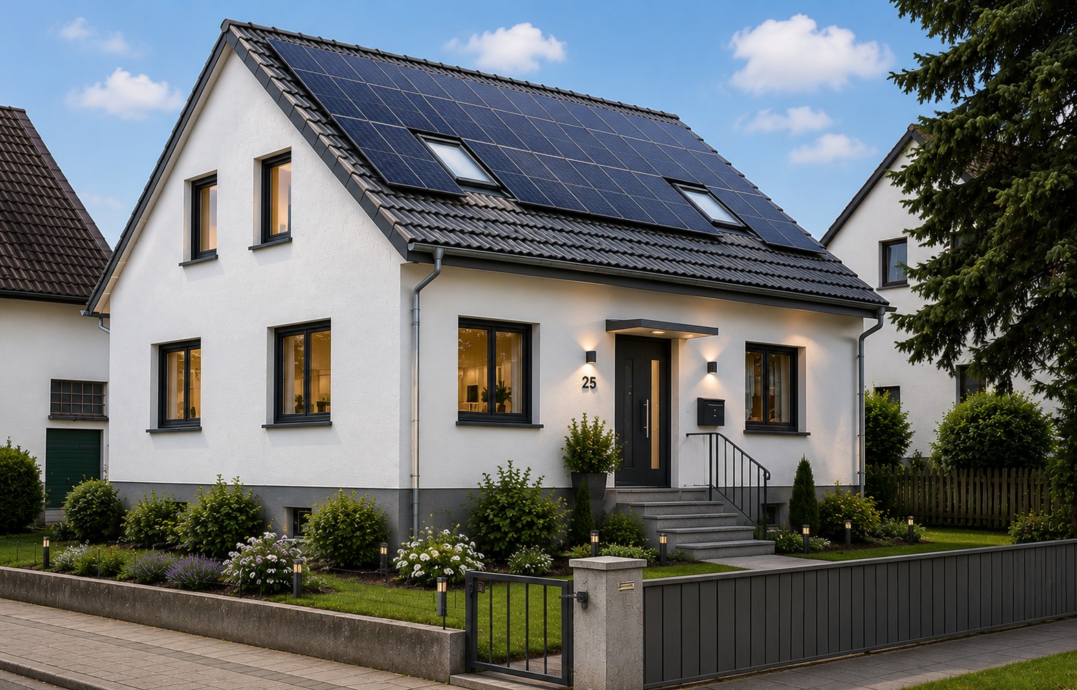 Dasselbe Haus nach der Sanierung, warm beleuchtet mit Photovoltaik