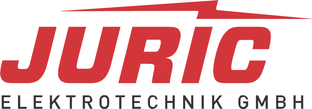 Rotes Logo JURIC Elektrotechnik GmbH auf dunkelgrünem Hintergrund mit stilisiertem Blitz über dem Wort JURIC.