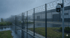 Überwachungskamera an einem hohen Metallzaun mit Stacheldraht vor einem Industriegebäude bei starkem Regen.