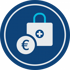 Blauer Kreis mit Symbol eines weißen Medizinkoffers, Schloss und einem Euro-Zeichen.