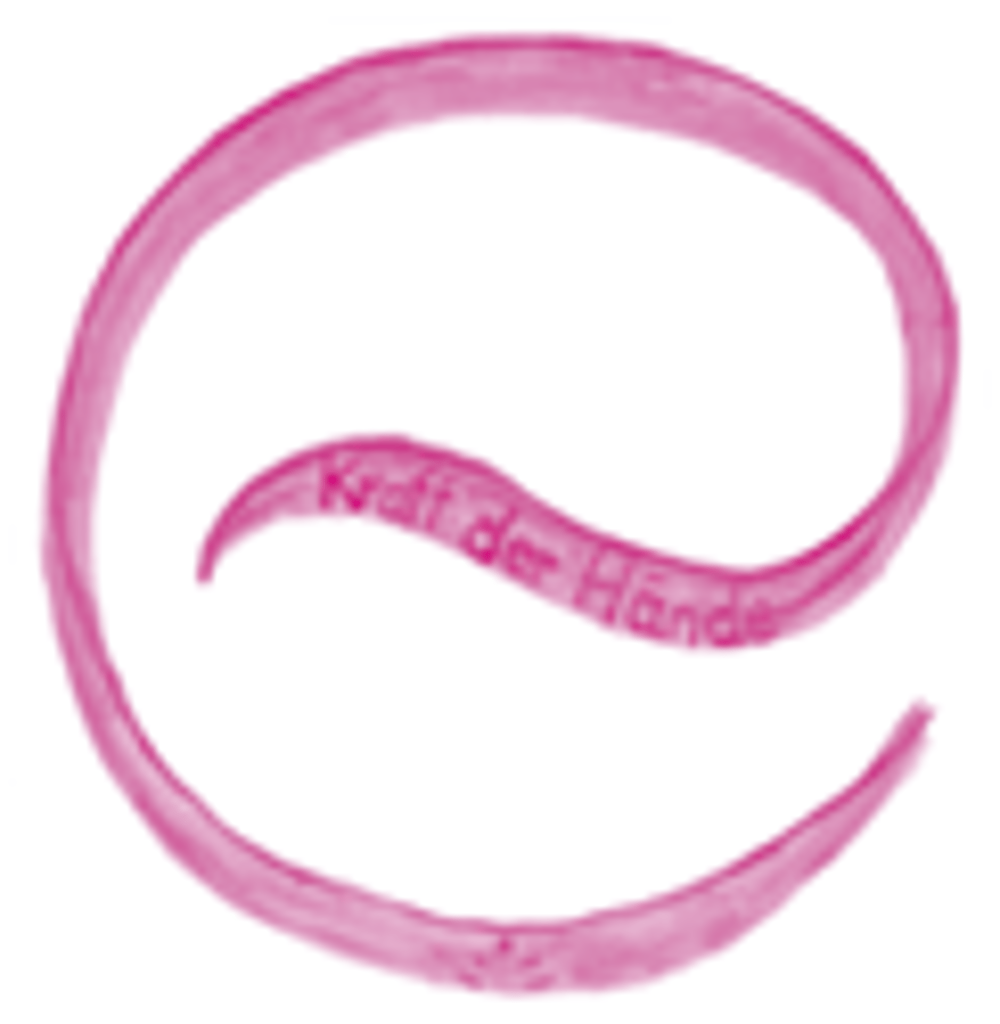 Pinkfarbene Spirale mit dem geschwungenen Text Kraft der Hände im Zentrum.
