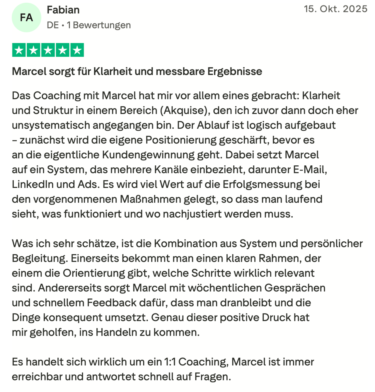Trustpilot-Rezension von Fabian
