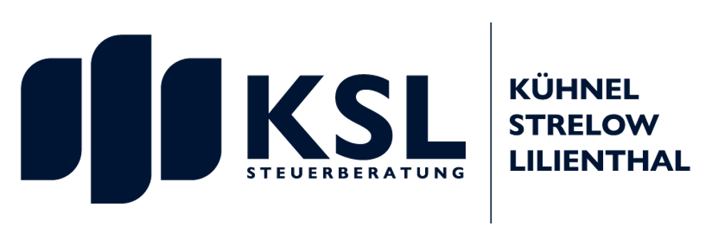 Logo der KSL Steuerberatung Kühnel Strelow Lilienthal in dunkelblauer Schrift auf schwarzem Hintergrund.