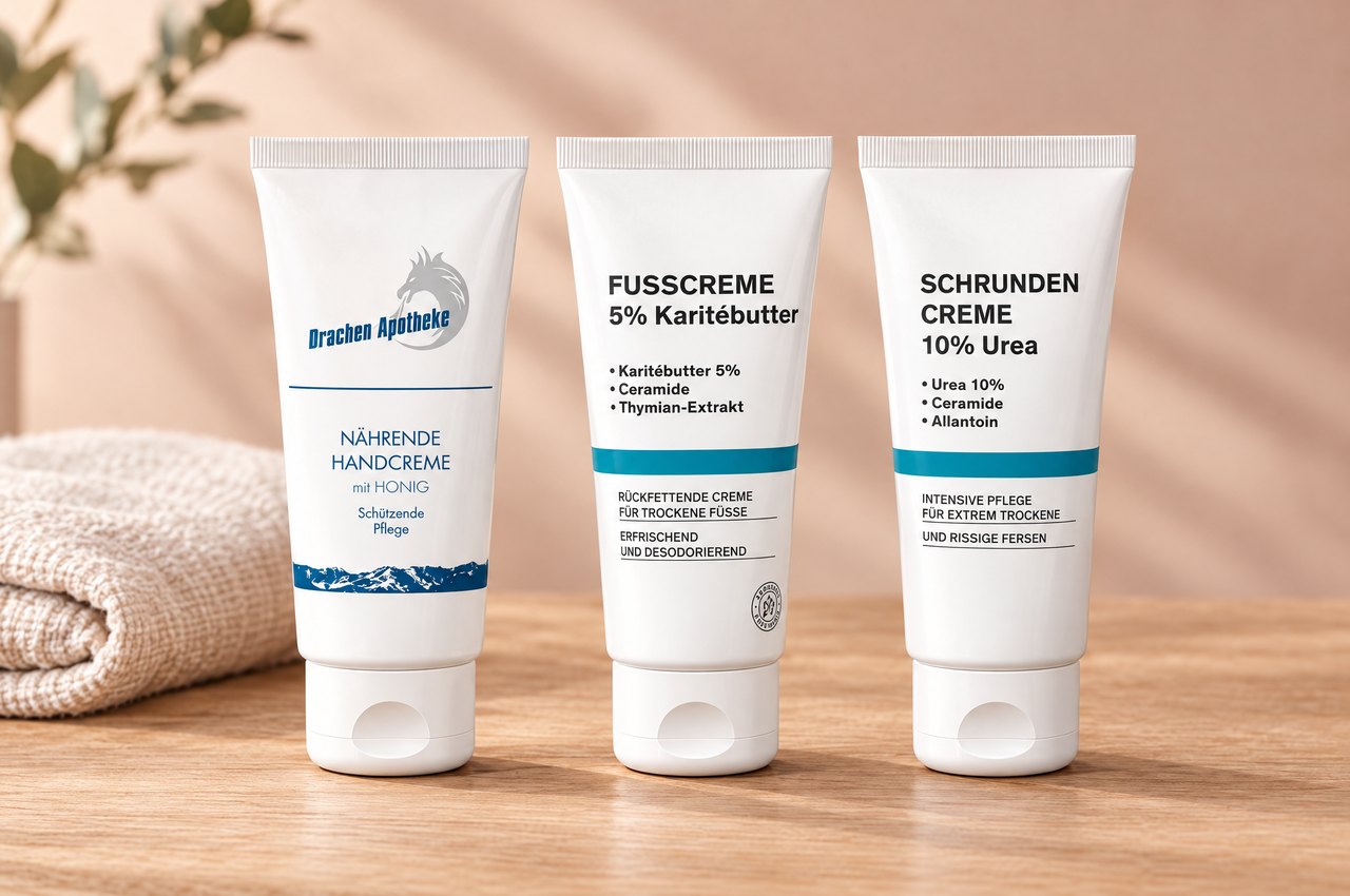 Handcreme, Fußcreme und Schrundencreme auf Holz (KI-generiert)
