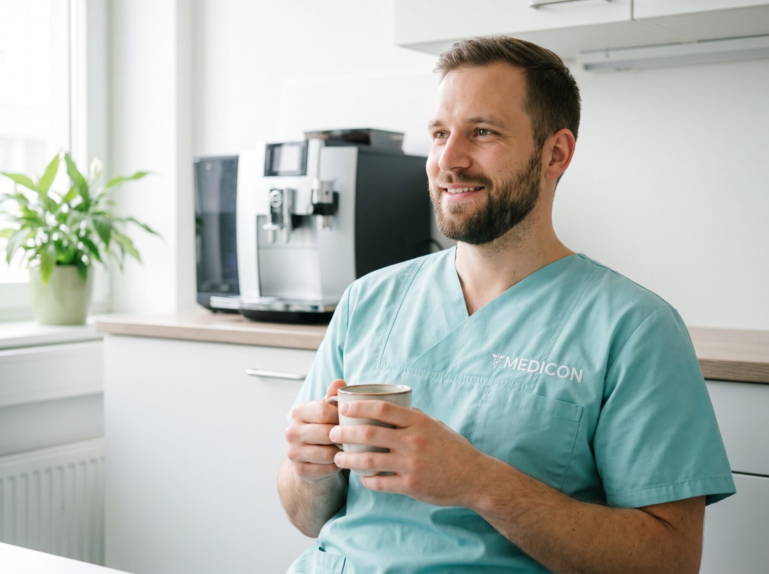 Medicon-Pfleger in der Pause mit Kaffee