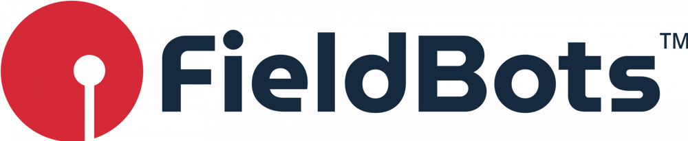 Rotes Kreissymbol mit schwarzem Punkt und Stiel links, daneben der dunkelblaue Text "FieldBots™".