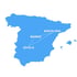Blaue Umrisskarte von Spanien mit Umzugswagen, Kartons, Sessel, Tisch, Lampe und Waschmaschine.