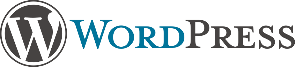 WordPress-Logo mit dem Buchstaben W im Kreis und dem Schriftzug WordPress in Blau und Grau auf schwarzem Hintergrund.