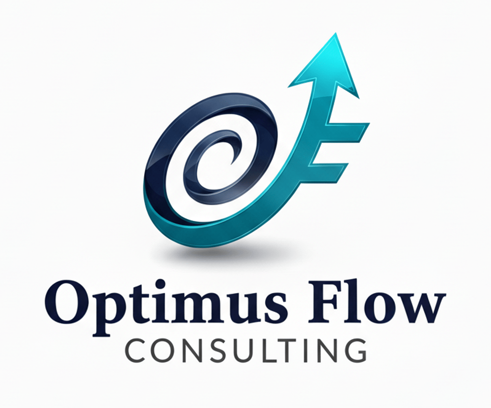 Optimus Flow Consulting Logo: Blauer, geschwungener Pfeil zeigt nach oben, unter dem Text "Optimus Flow Consulting".