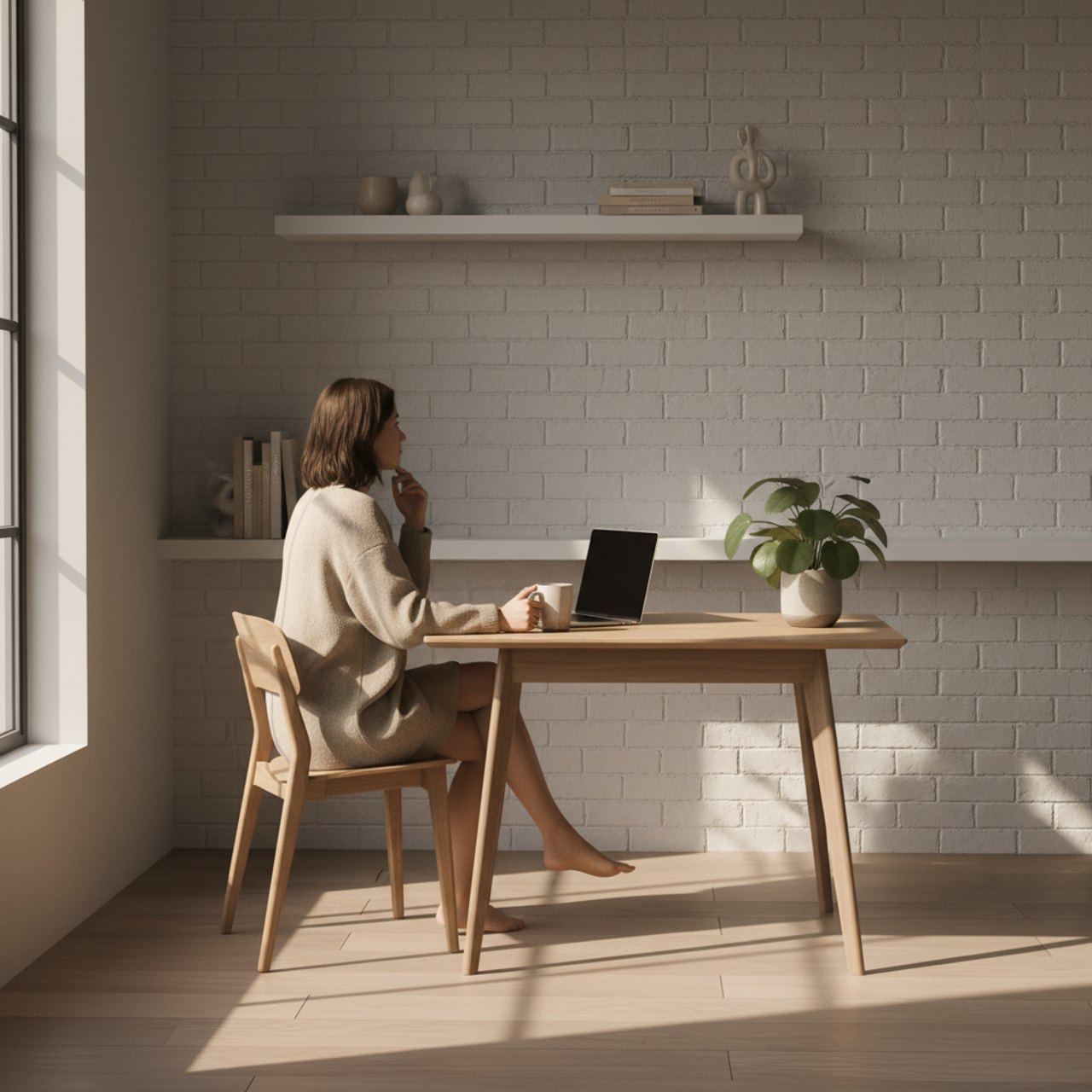 A clean, minimal, intentional workspace with warm light and a few personal touches
