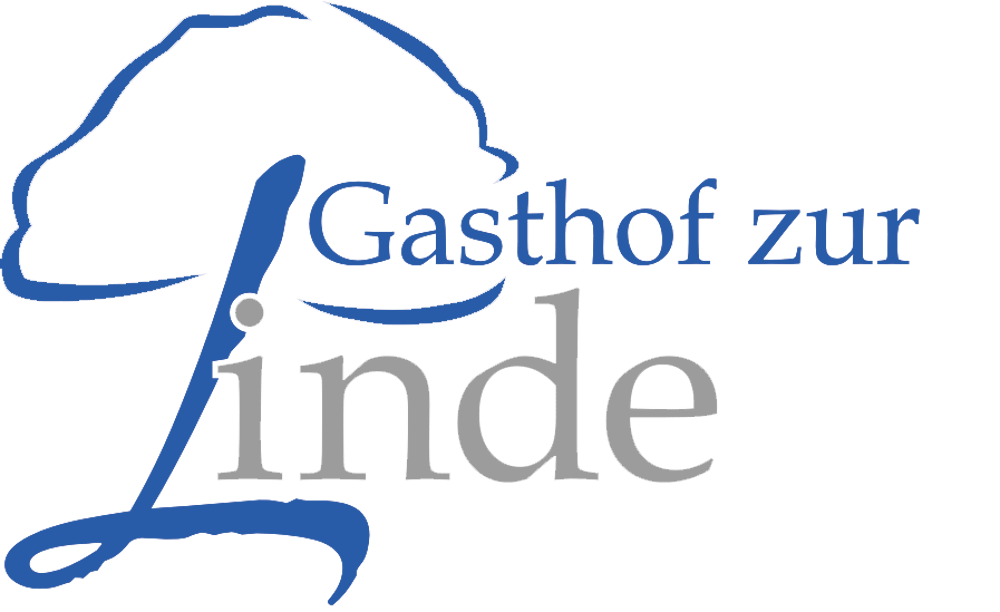Logo: "Gasthof zur Linde" in Blau und Grau, mit einem stilisierten Baumstamm, der ein "L" bildet.