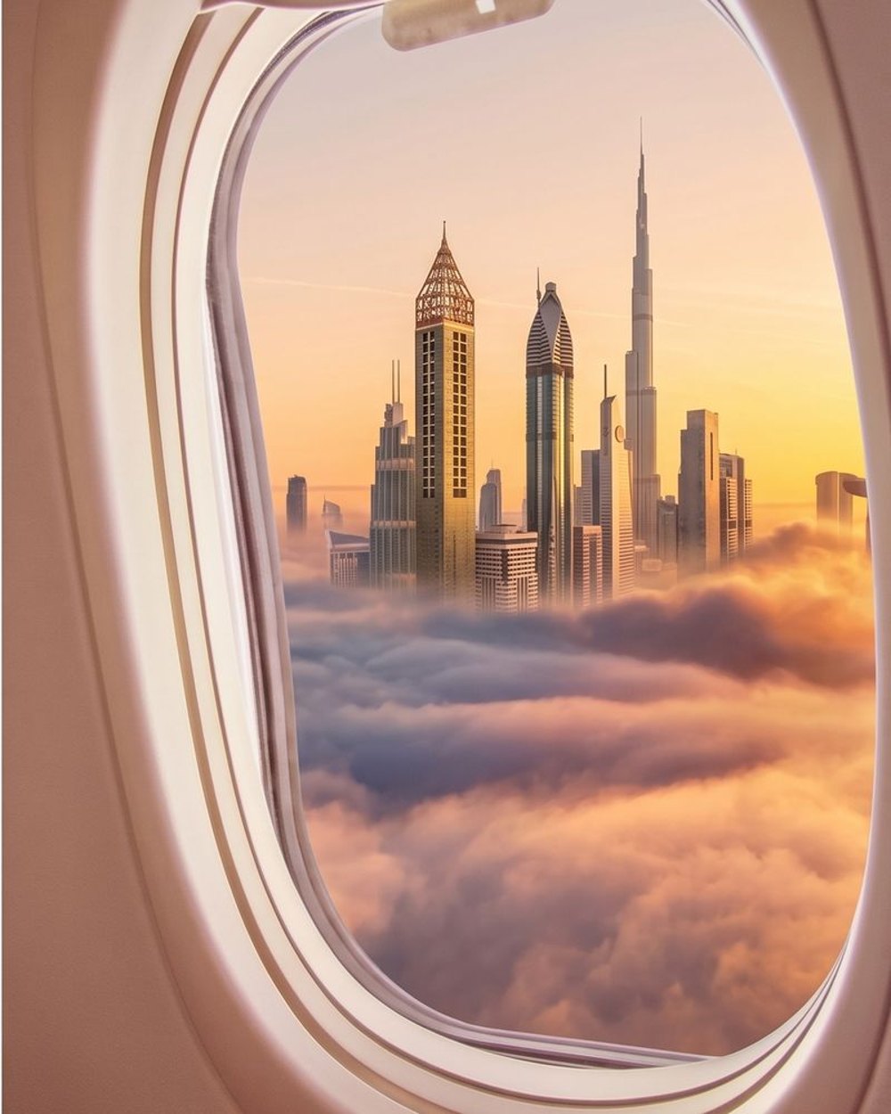 Blick aus dem Flugzeugfenster auf die Skyline von Dubai