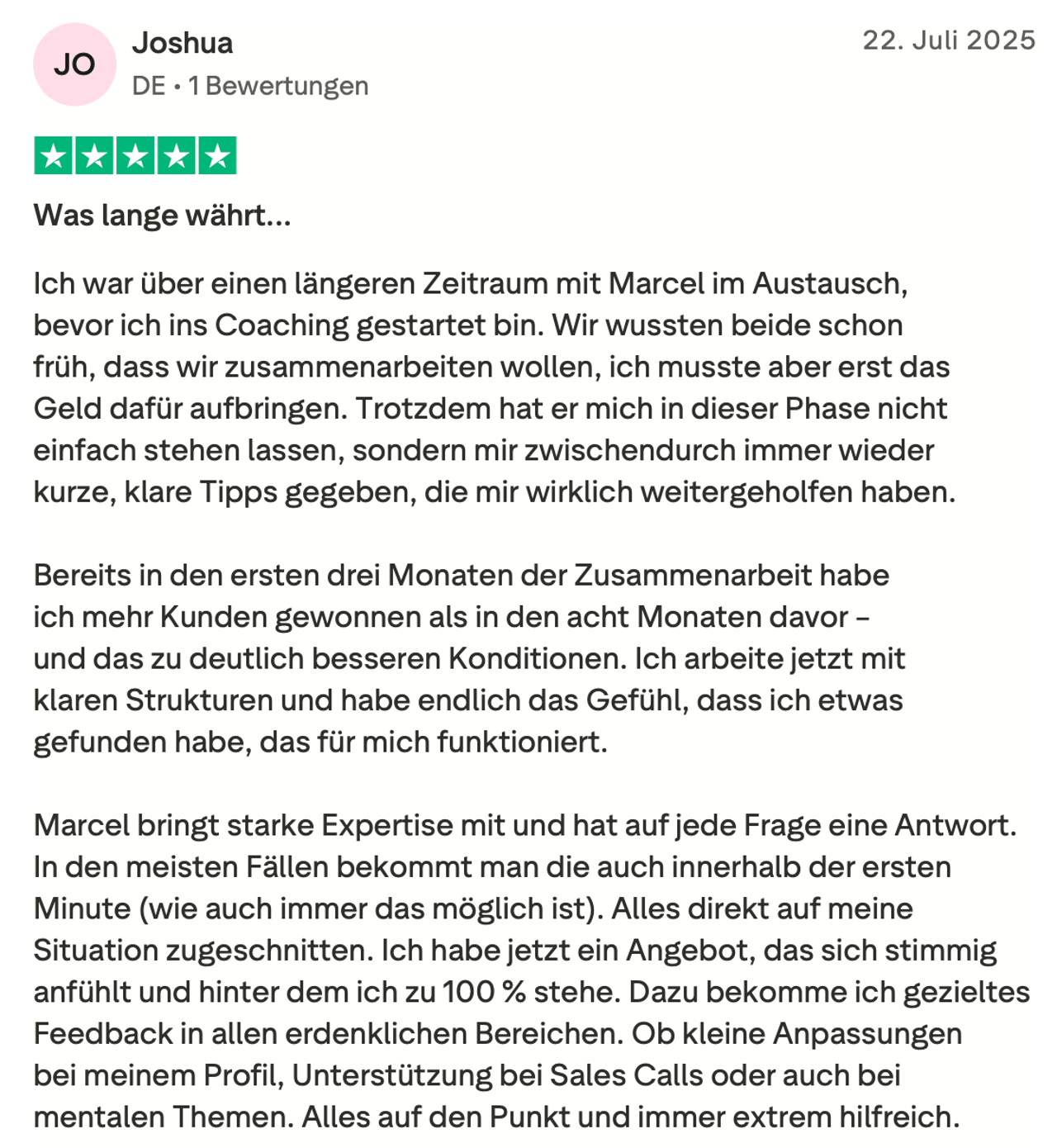 Trustpilot-Rezension von Joshua