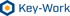 Key-Work Logo mit blauem Sechseck, das ein kleineres orangefarbenes Sechseck umschließt, und dem Text "Key-Work".