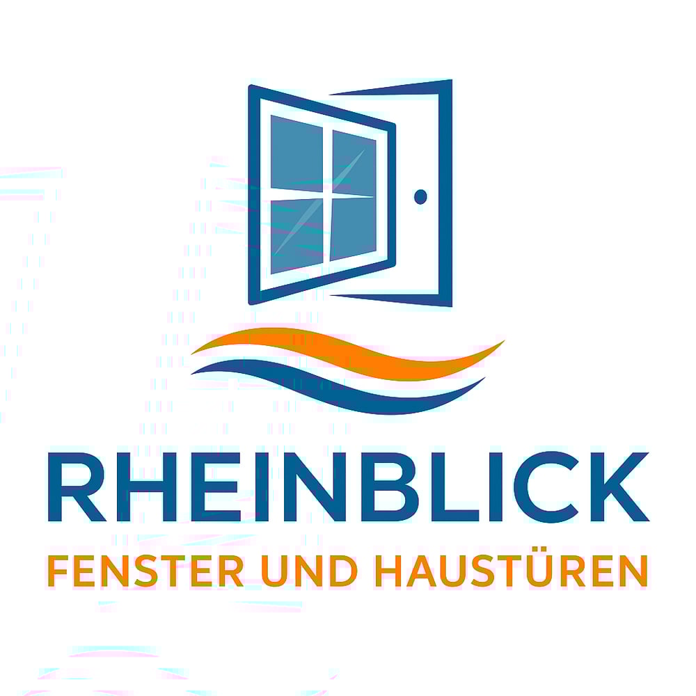 Blaues Fenster und offene Tür über orangen Wellen, darunter "RHEINBLICK FENSTER UND HAUSTÜREN".