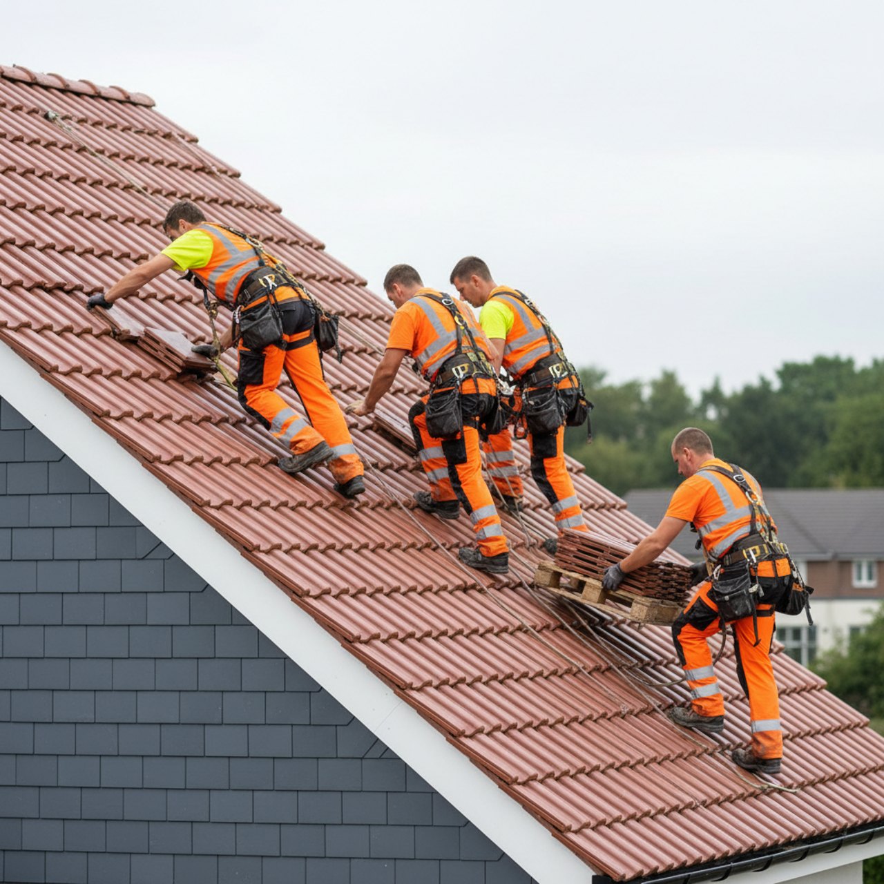 Dachdecker bei Arbeiten an einem Ziegeldach