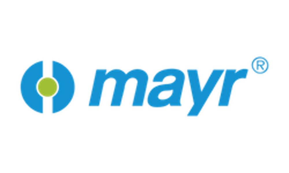 Mayr Logo mit einem stilisierten blauen "O" und einem gelb-grünen Kreis in der Mitte, gefolgt vom Schriftzug "mayr".