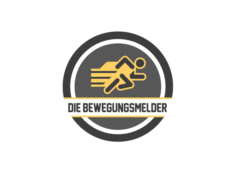 Gelbes Logo mit schwarzem Kreis, Läufer-Piktogramm und Text "DIE BEWEGUNGSMELDER".