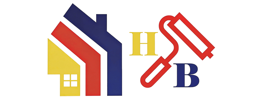 Logo mit gelbem Haus, roten und blauen Hausumrissen, roter Farbrolle, gelbem "H" und blauem "B".