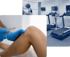 patient getting an injection for knee pain and a photo of treadmills