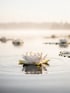 Weiße Seerose auf ruhigem Wasser, mit weiteren Seerosen im verschwommenen Hintergrund bei Sonnenaufgang.