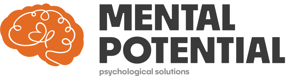 Mental Potential psychological solutions logo featuring an orange brain icon with a white line drawing on a black background.