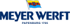 Blaues Logo "MEYER WERFT" mit Wappenflagge oben und "PAPENBURG 1795" darunter.