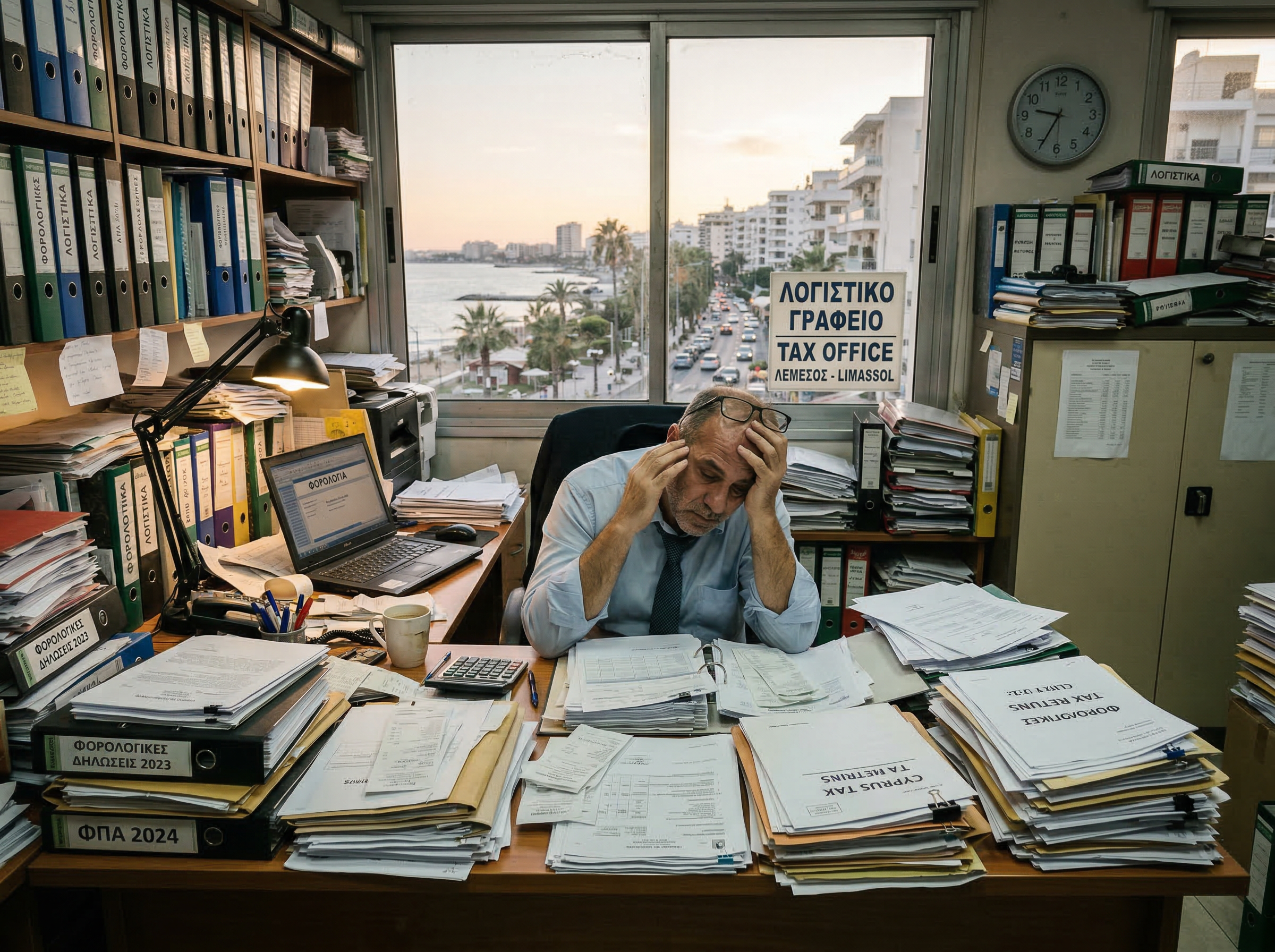 Stressed tax partner buried in paperwork