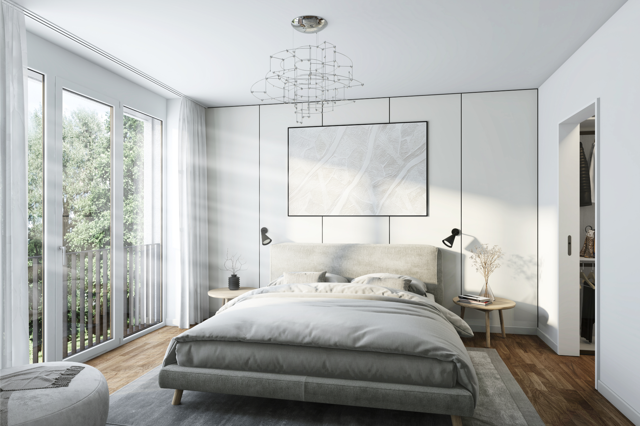 Schlafzimmer mit bodentiefen Fenstern und Ankleidebereich