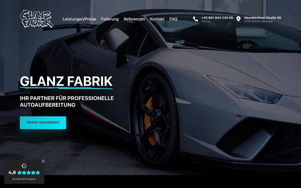 Startseite der Website der GlanzFabrik mit digitaler Preisliste
