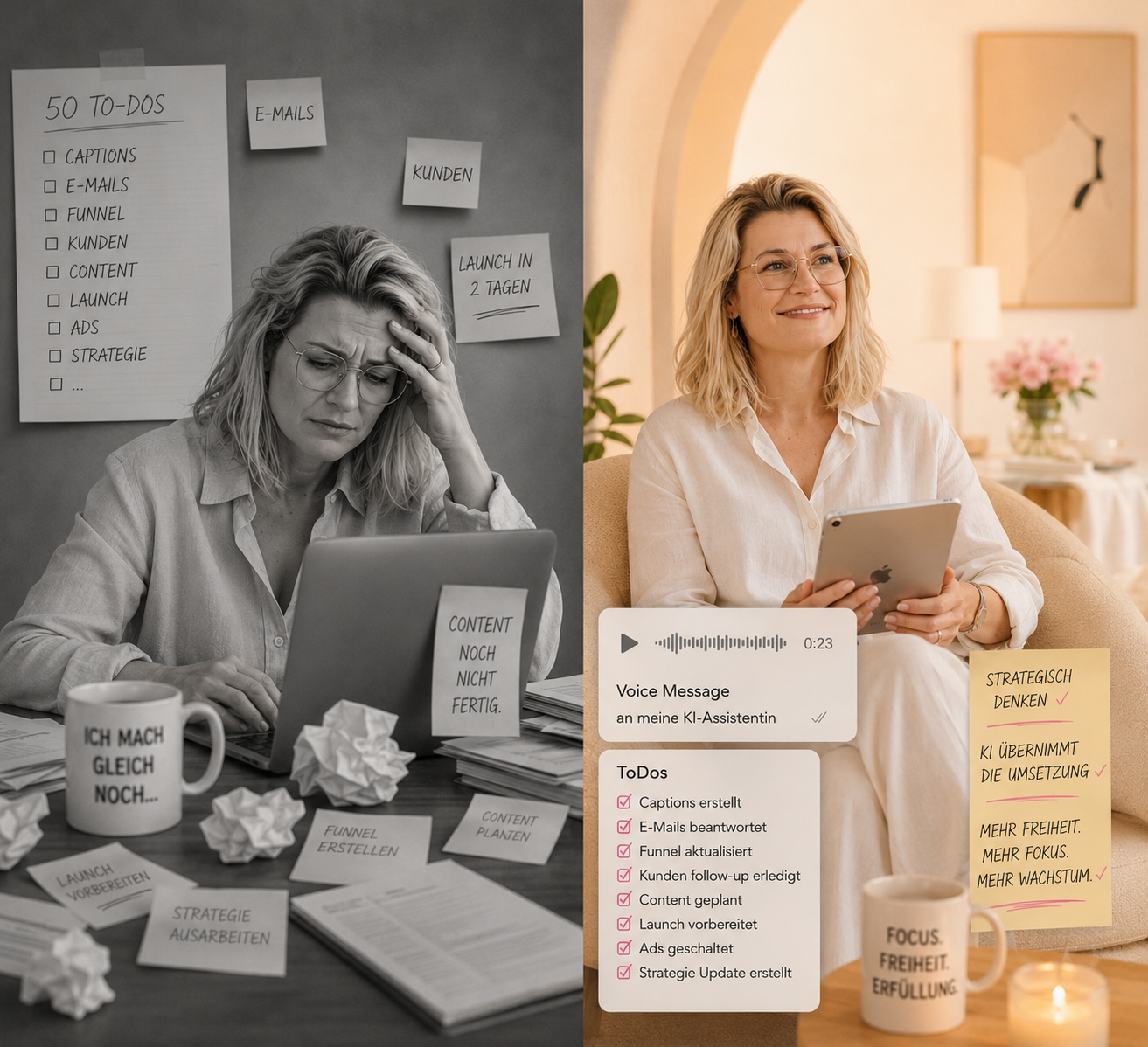 Split-Screen: links überforderte Unternehmerin am Schreibtisch ohne KI-Assistenz, rechts entspannte Version mit Donna als KI-Assistentin.