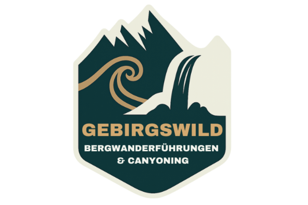 Gebirgswild Bergwanderführungen & Canyoning Logo: Berge, Wasserfall, Strudel