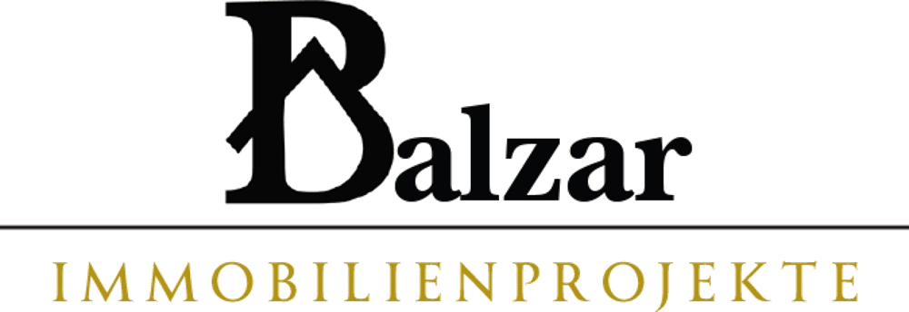 Schwarzer Text "Balzar" mit stilisiertem Hausdach auf "B" über goldener Linie und "IMMOBILIENPROJEKTE" auf grünem Hintergrund.