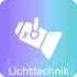 Ein weißer Scheinwerfer leuchtet auf einem lila-türkisen Hintergrund mit "Lichttechnik" und Balken unten.