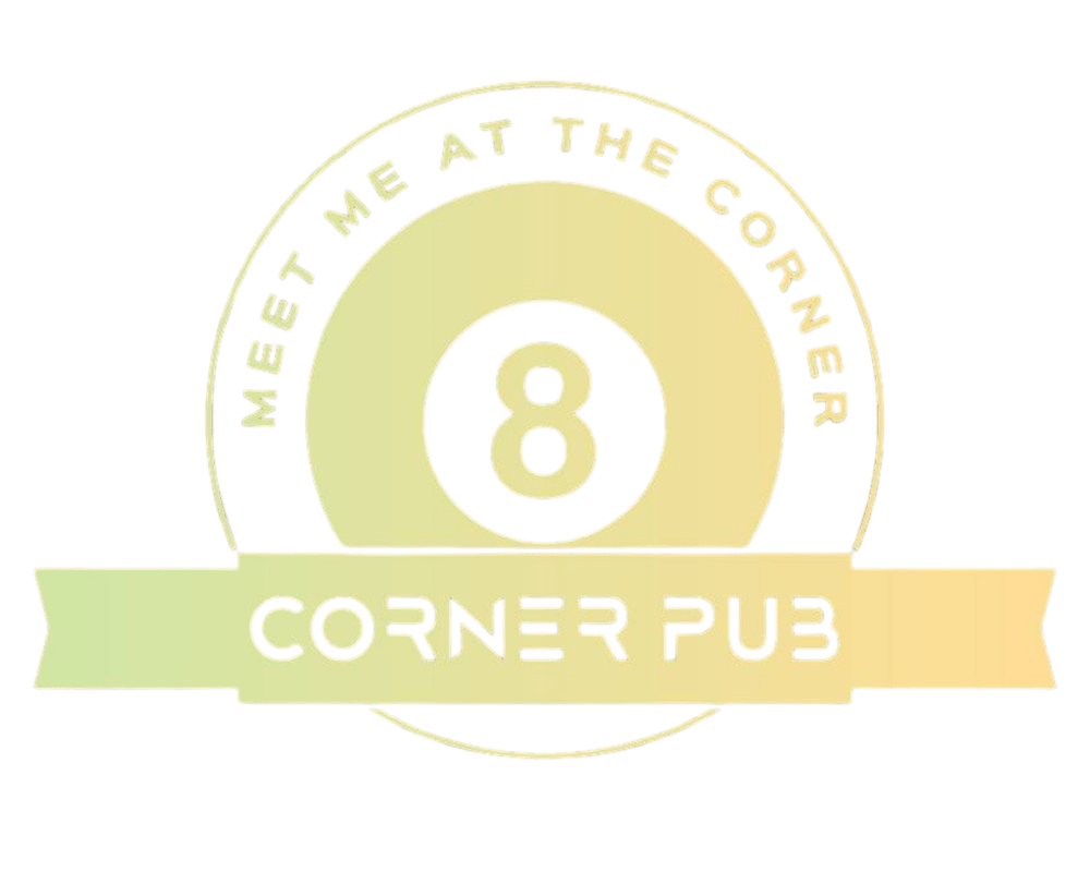 Logo: Ein Billardball mit der Aufschrift „MEET ME AT THE CORNER“ und „CORNER PUB“.