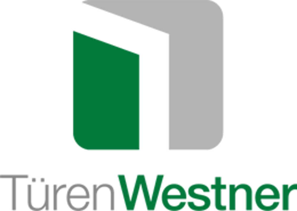 Logo TürenWestner: Graue und grüne Türform, darunter der Schriftzug "TürenWestner".