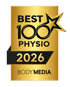 Goldenes Siegel Best 100 Physio 2026 von Body Media mit einem Stern auf schwarzem Hintergrund.