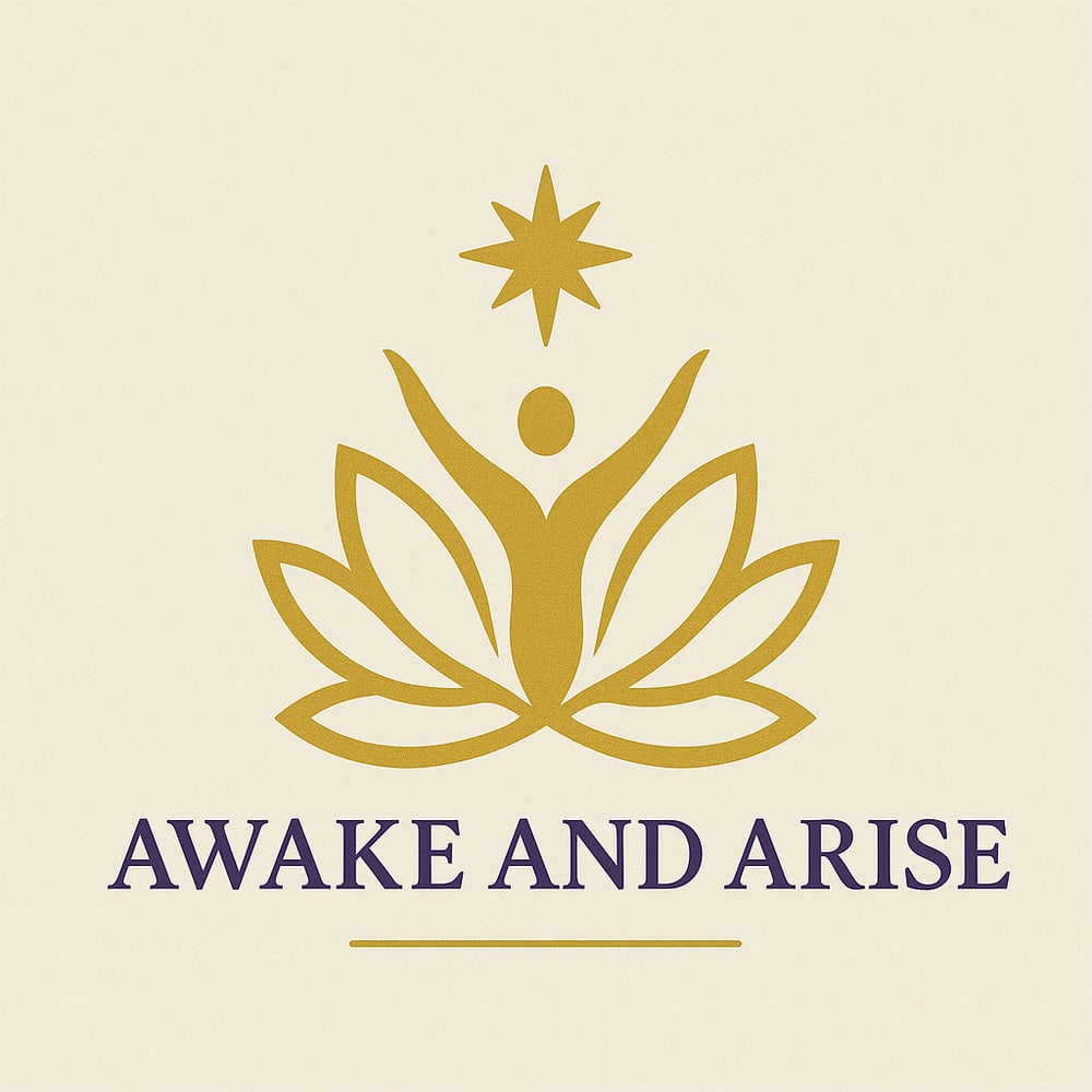 Goldenes Logo mit Person in Lotusblume, Stern darüber, Text: "AWAKE AND ARISE" auf hellem Hintergrund.