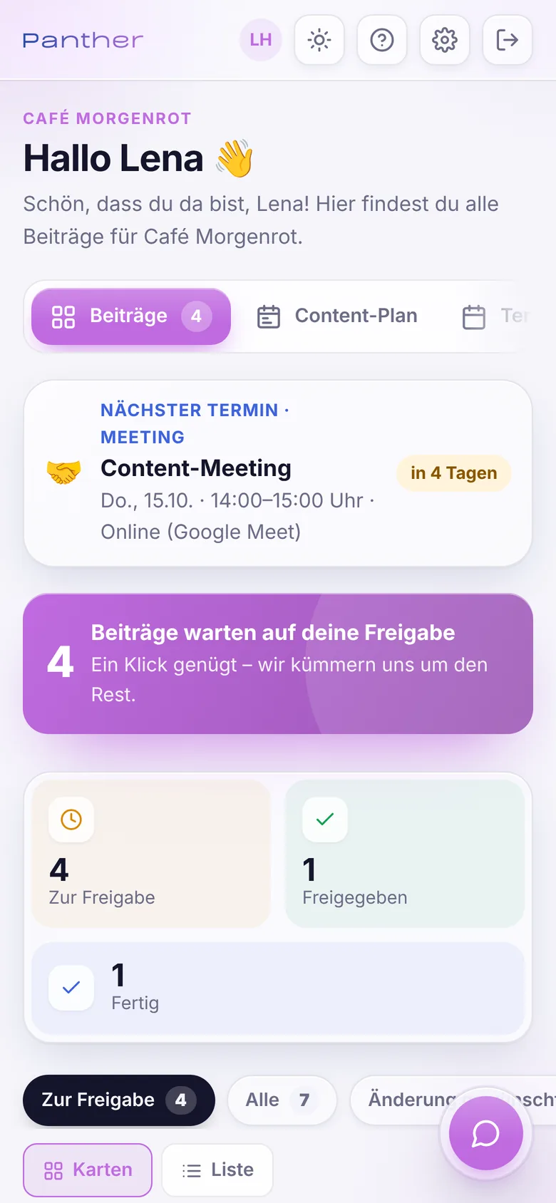 Übersicht im PANTHER Client: Kunden, Freigaben, Neuigkeiten und Termine