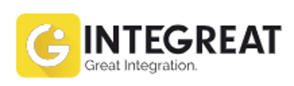Integreat Logo mit einem gelben „G“ Icon und dem Text „INTEGREAT Great Integration“.