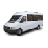 Білий мікроавтобус Volkswagen LT на темному тлі.