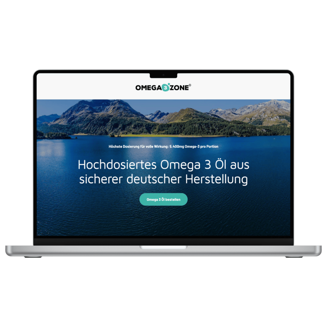 Laptop zeigt Website "OMEGA D ZONE" mit Bergsee und Text "Hochdosiertes Omega 3 Öl aus sicherer deutscher Herstellung".